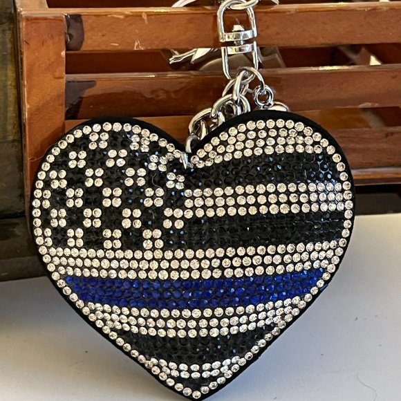Rhinestone Back the Blue Flag Heart Bag Charm Key chain - Picture 1 of 3